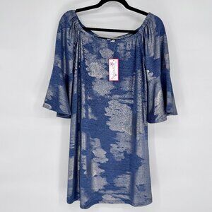 Metallic Blue Boho Bell Sleeve Off Shoulder Women's Dress NWT Small Joy Joy